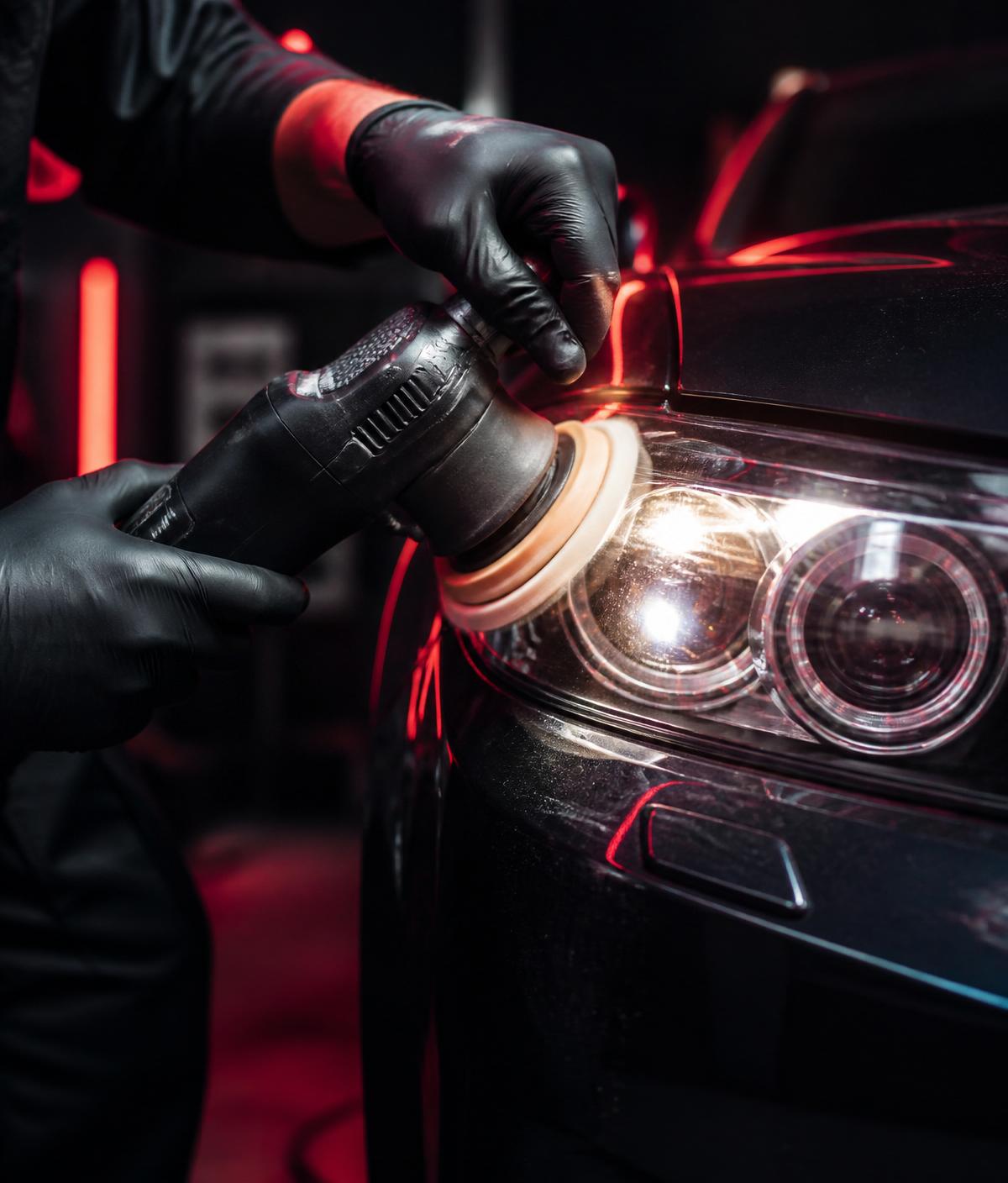 Technician polishing a headlight with a professional buffer